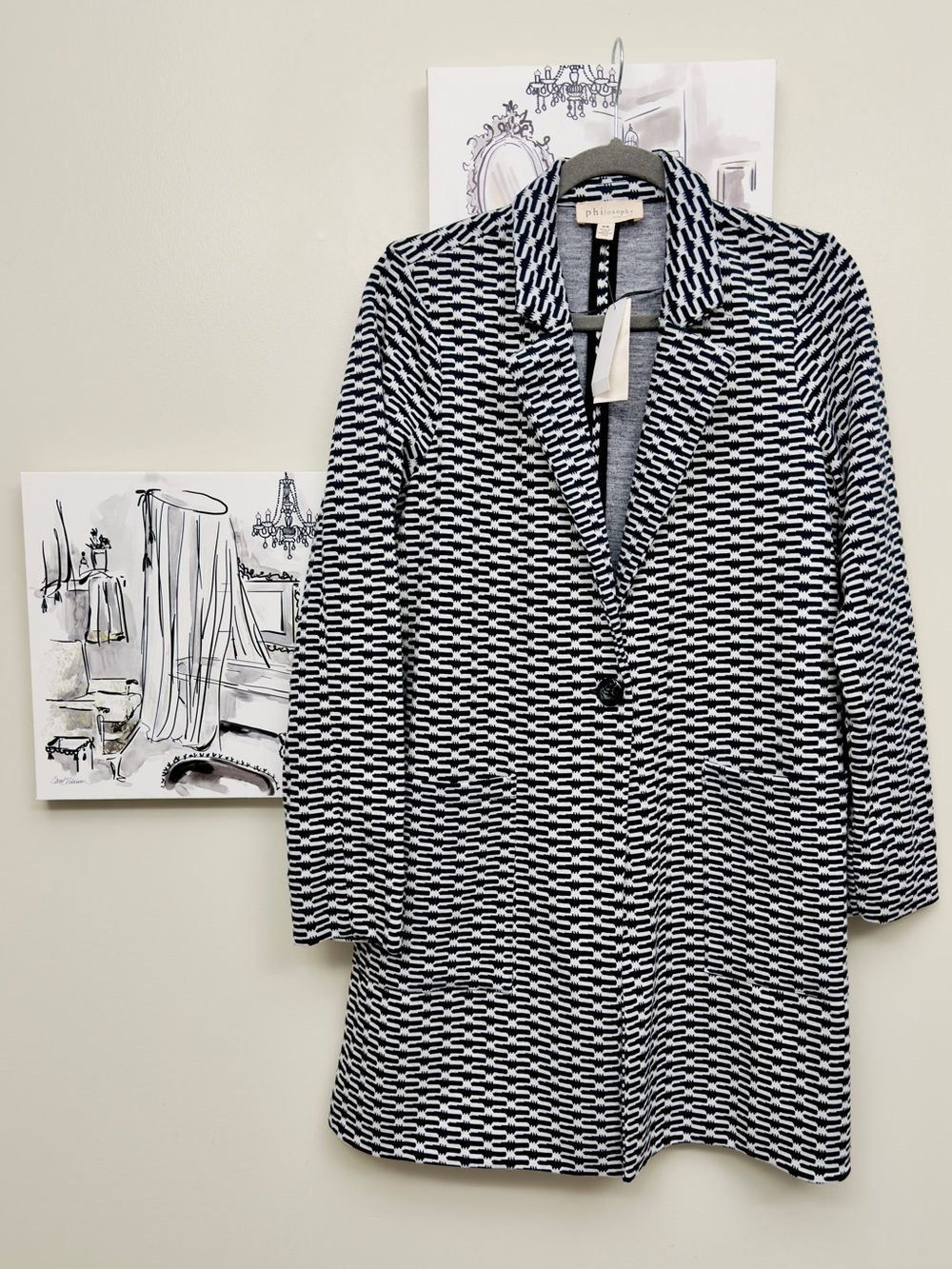 Philosophy Black and White Geometric Knit Longline Blazer Coatigan